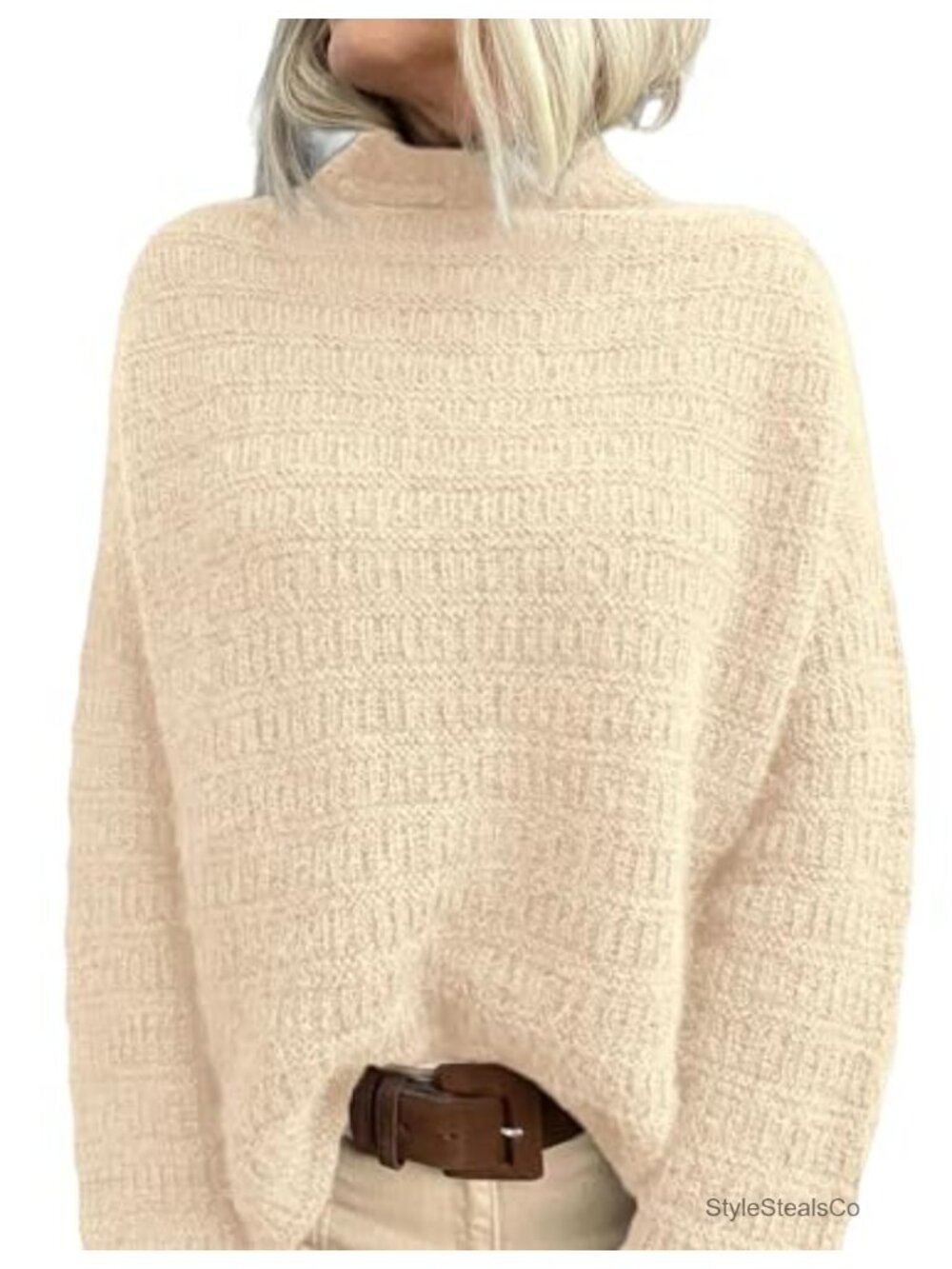 Womens Oversized Mock Neck Long Sleeve Pullover Sweater Knit Jumper